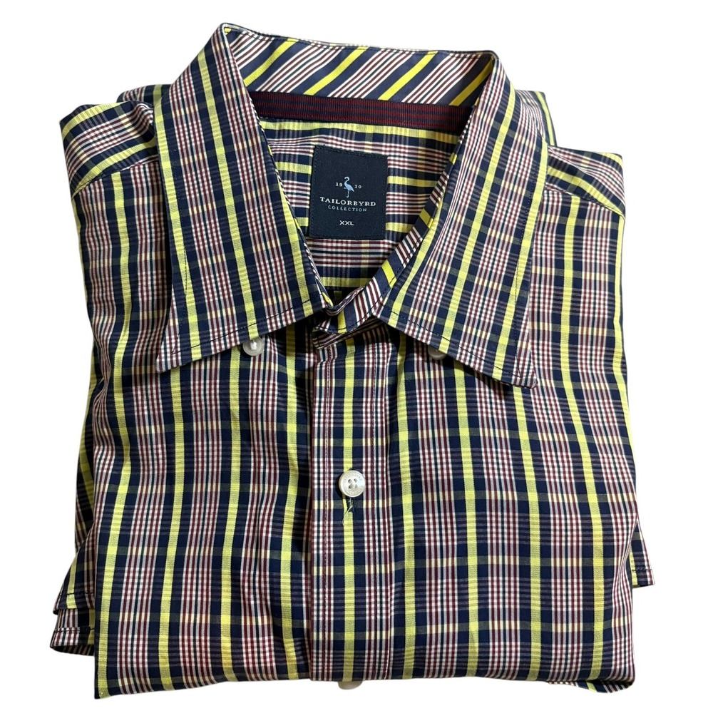 Tailorbyrd Button Down Shirt XXL Yellow Navy Plaid Long Sleeve Flamingo Logo